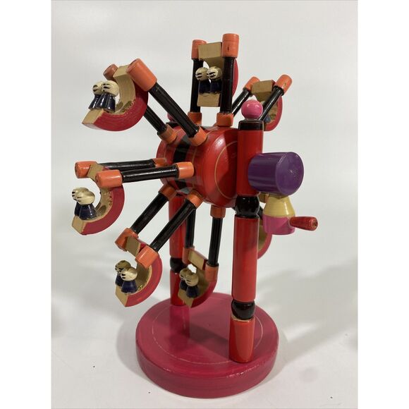 Vintage OOAK Wood Toy Ferris Wheel Hand Crank Japan? Swining Cars w/ people 8.5” - Picture 1 of 6